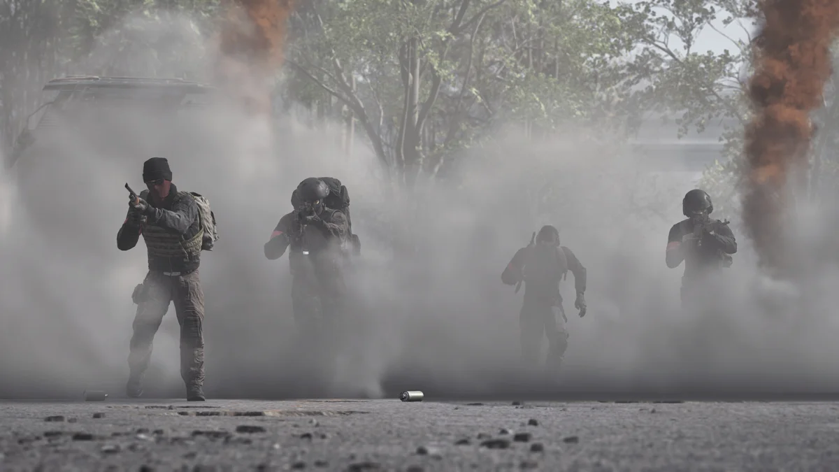 Four WARDOGS soldiers move together through battlefield smoke.